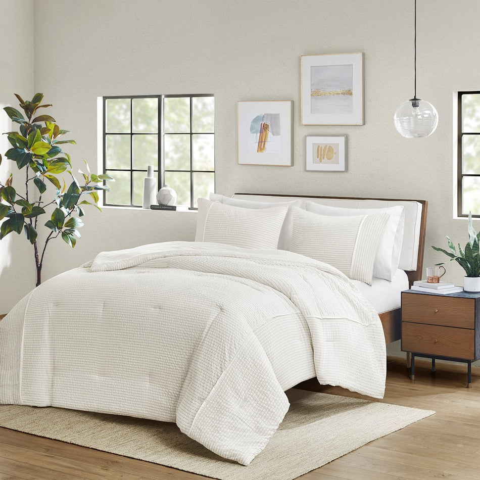 Apollo 3 Piece Striped Seersucker Oversized Comforter Set - Ivory - King Size / Cal King Size