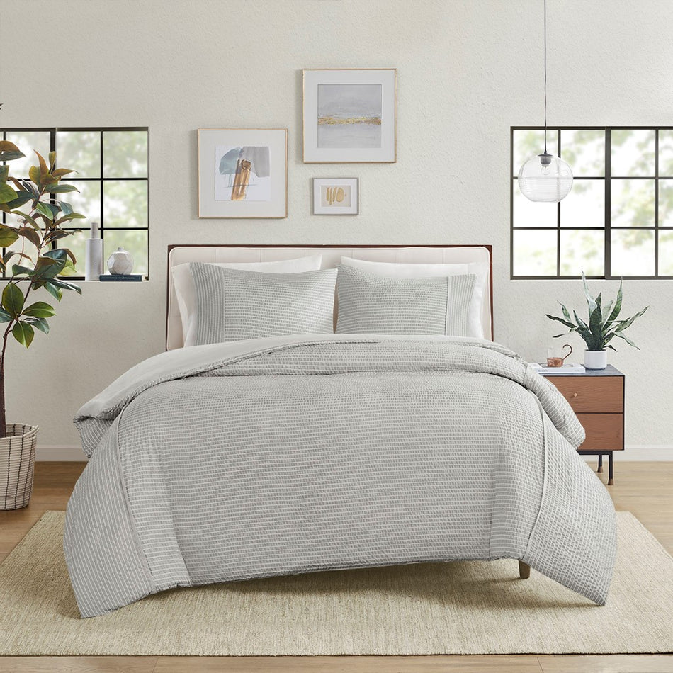 Apollo 3 Piece Striped Seersucker Oversized Duvet Cover Set
 - Gray - King/Cal King