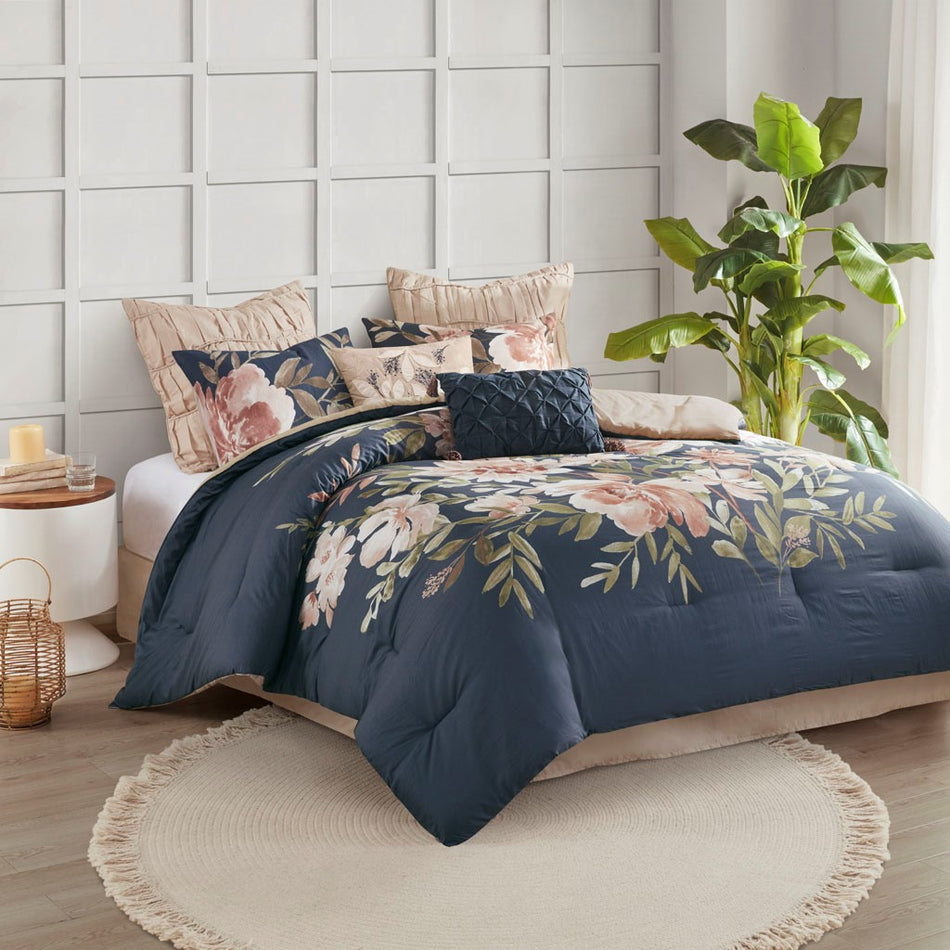 Camillia 8 Piece Cotton Comforter Set - Navy  - Cal King Size