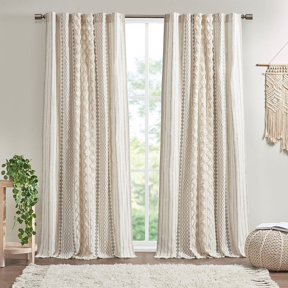 Imani Cotton Printed Window Panel with Chenille Stripe and Lining - Ivory - 84" Panel