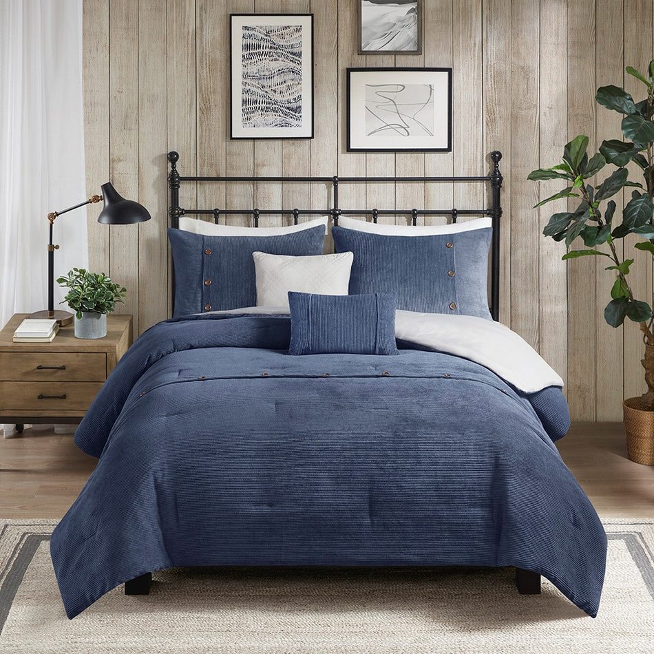 Andes 5 Piece Corduroy Comforter Set
 - Navy - Full/Queen