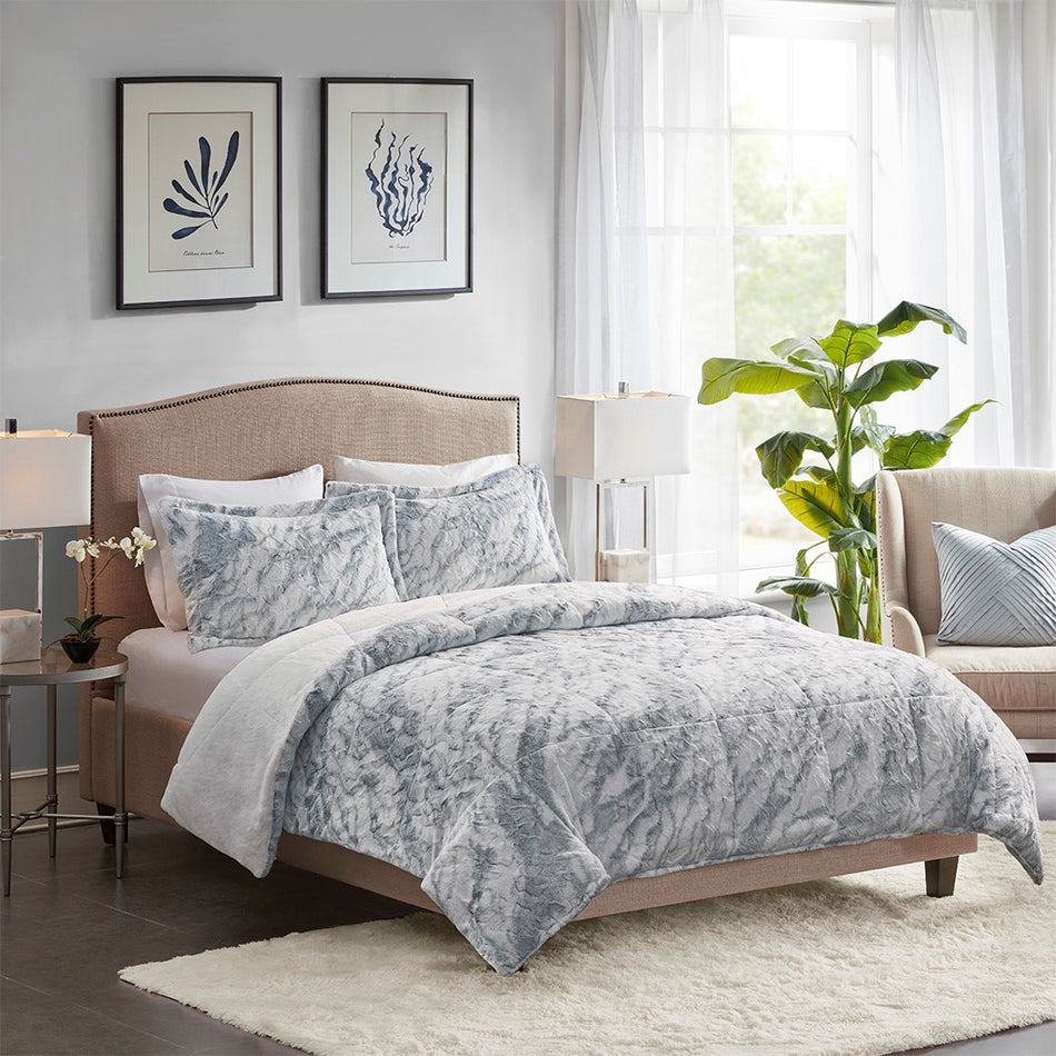 Lana Marble Faux Fur Comforter Set - Grey / Blue  - King Size