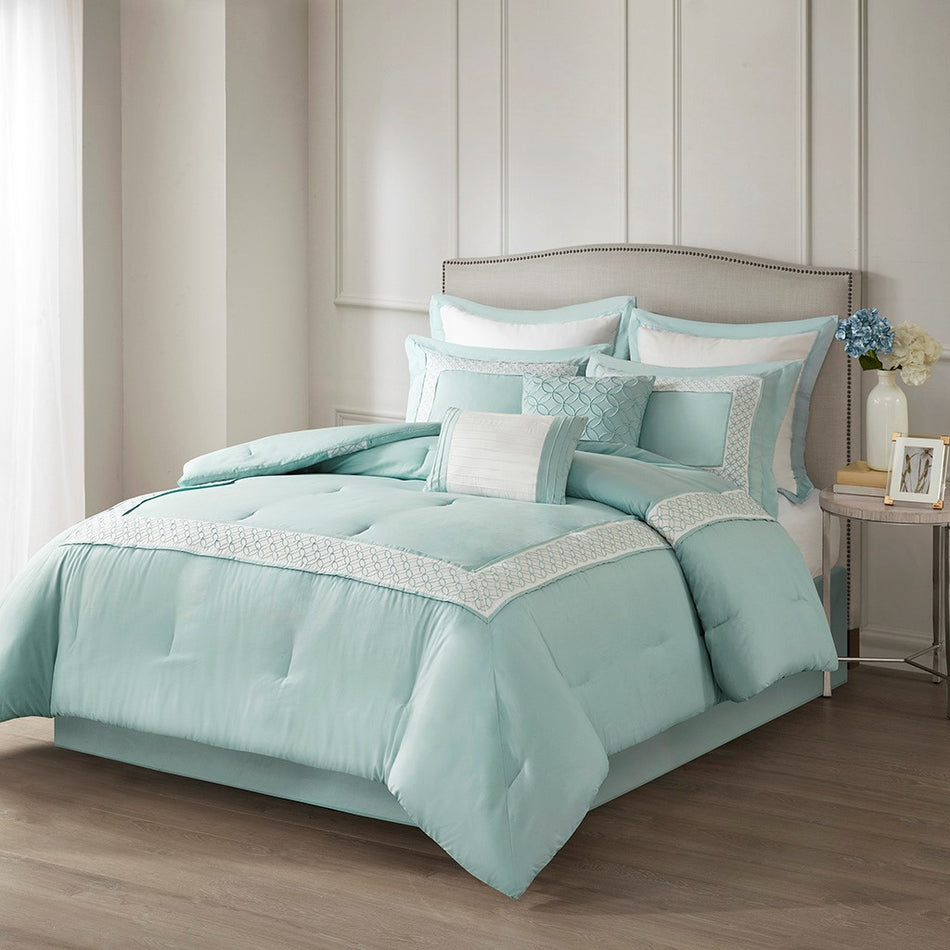 Stratford 8 Piece Comforter Set - Aqua  - Queen Size