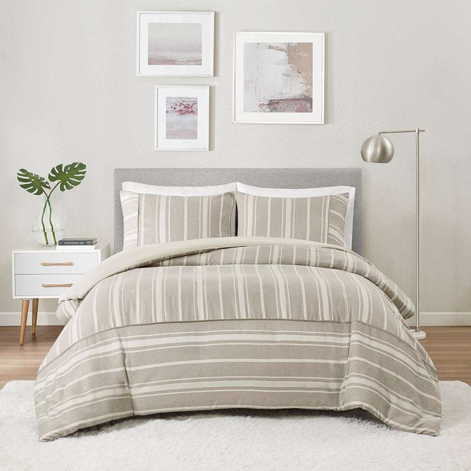 Kent Striped Herringbone Oversized Duvet Cover Set
 - Taupe - Full/Queen