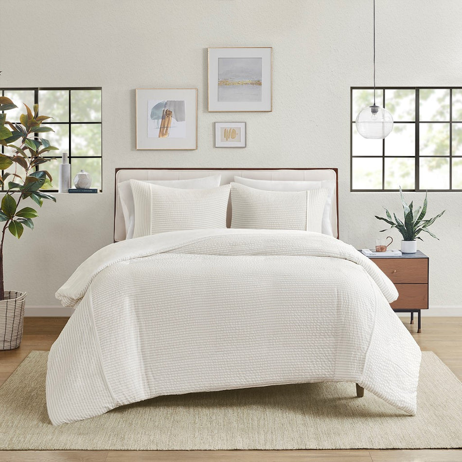 Apollo 3 Piece Striped Seersucker Oversized Duvet Cover Set
 - Ivory - King/Cal King