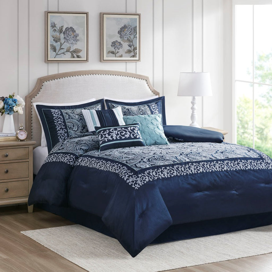 Whitney 7 Piece Jacquard Comforter Set - Navy  - Cal King Size