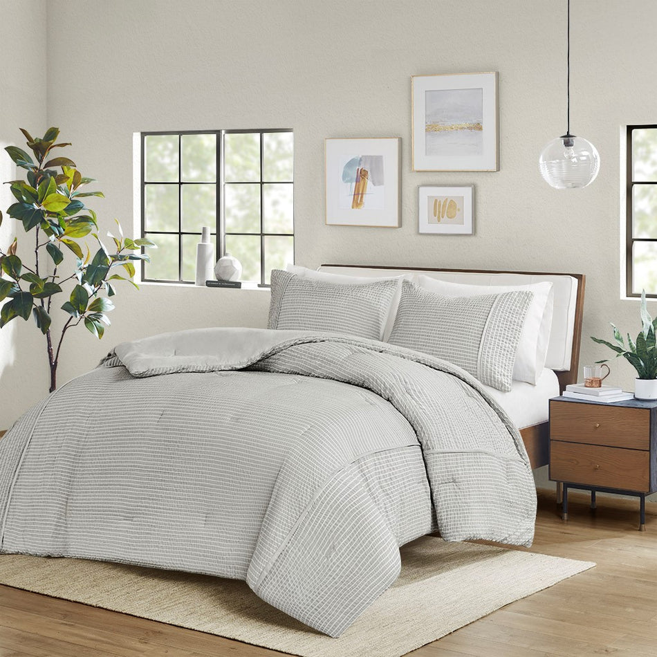 Apollo 3 Piece Striped Seersucker Oversized Comforter Set - Gray - Full Size / Queen Size