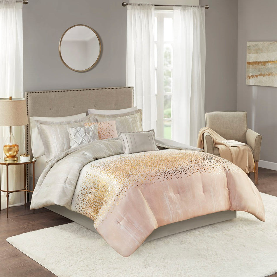 Midnight Garden 7 Piece Metallic Print Comforter Set - Blush  - Cal King Size