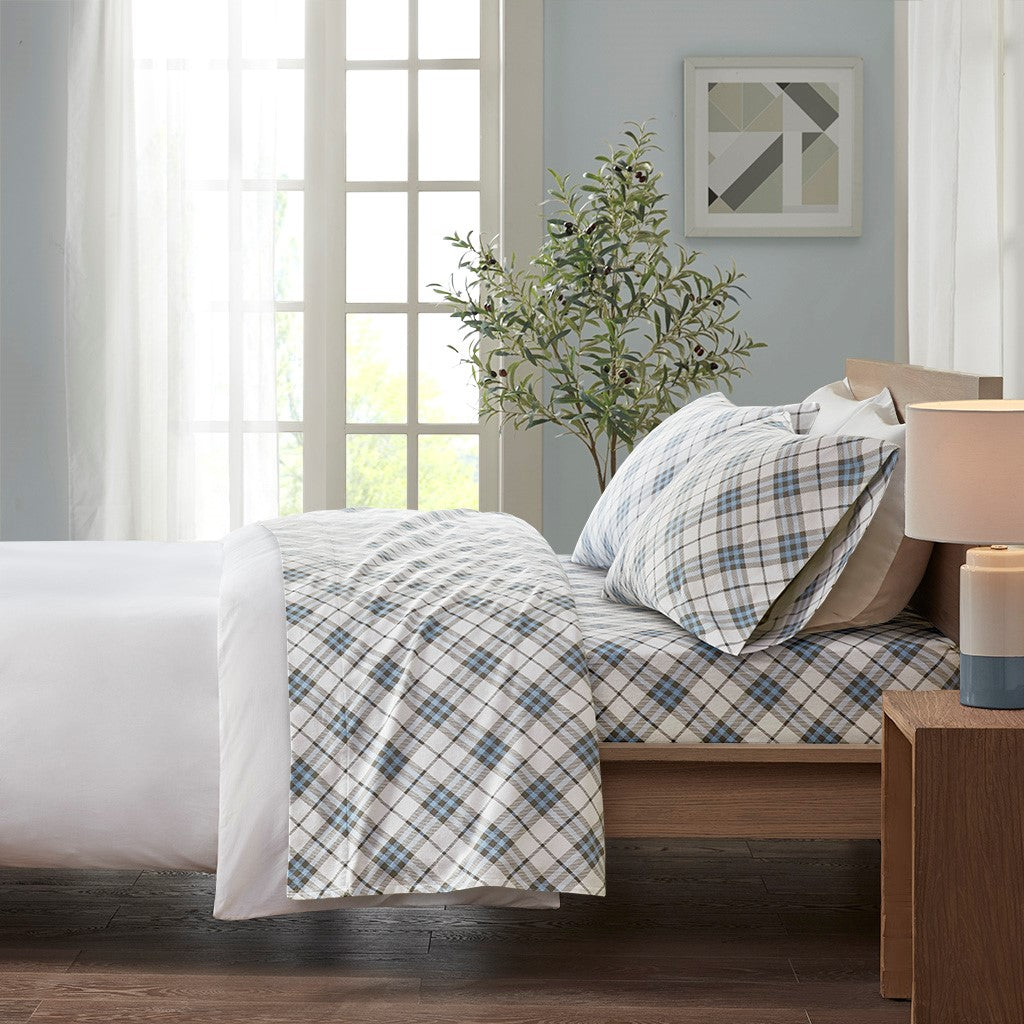 True North by Sleep Philosophy Cozy Cotton Flannel Printed Sheet Set - Blue Plaid  - Queen Size Shop Online & Save - expresshomedirectr.com