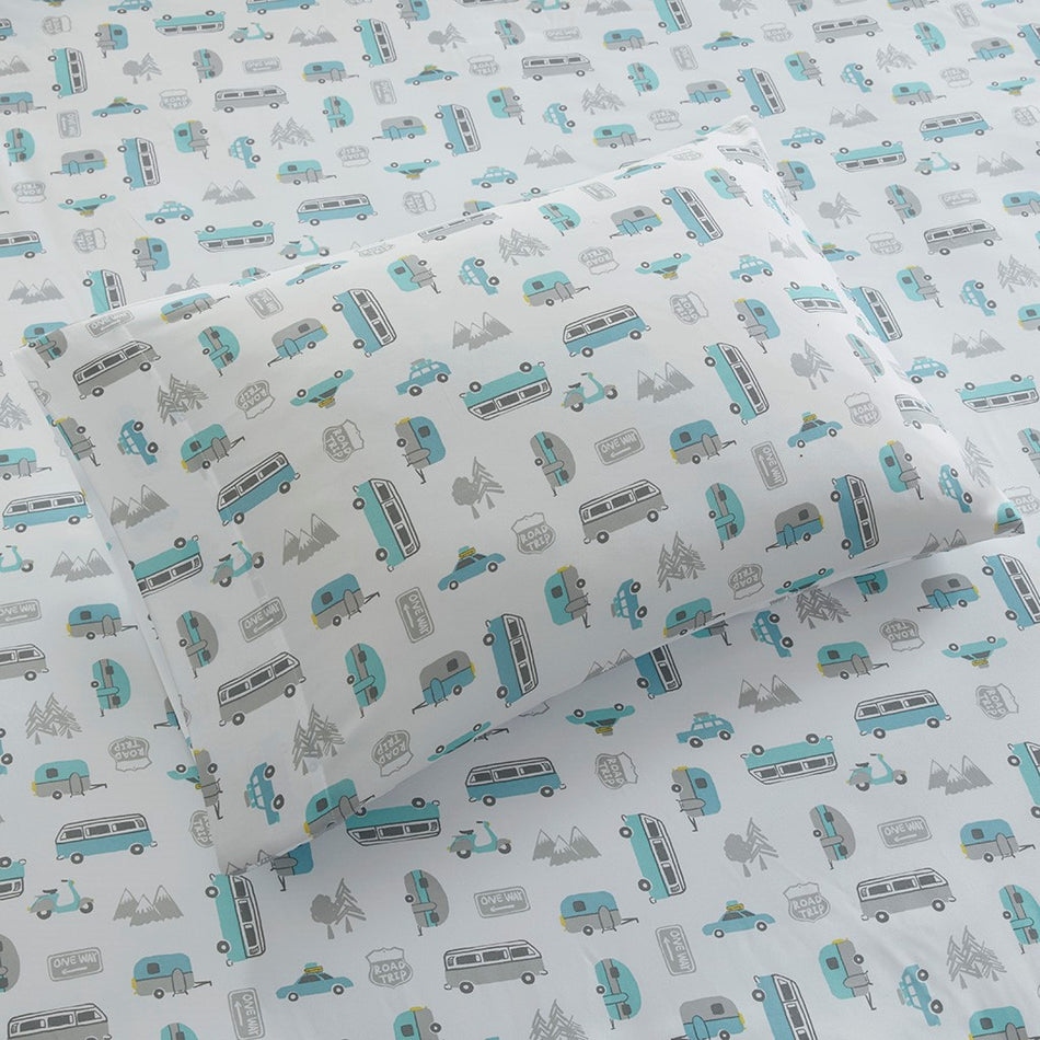 Novelty Print Sheet Set - Grey / Blue Road Trip - Full Size