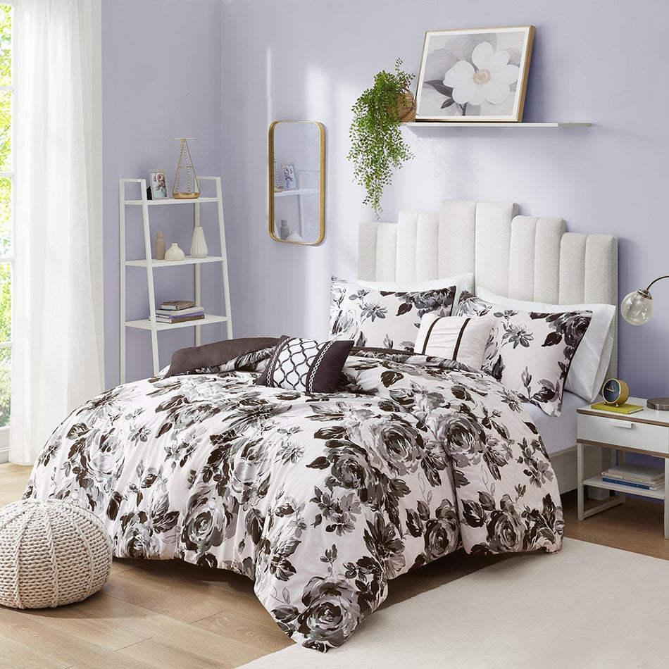 Intelligent Design Dorsey Floral Print Duvet Cover Set - Black / White - Full Size / Queen Size