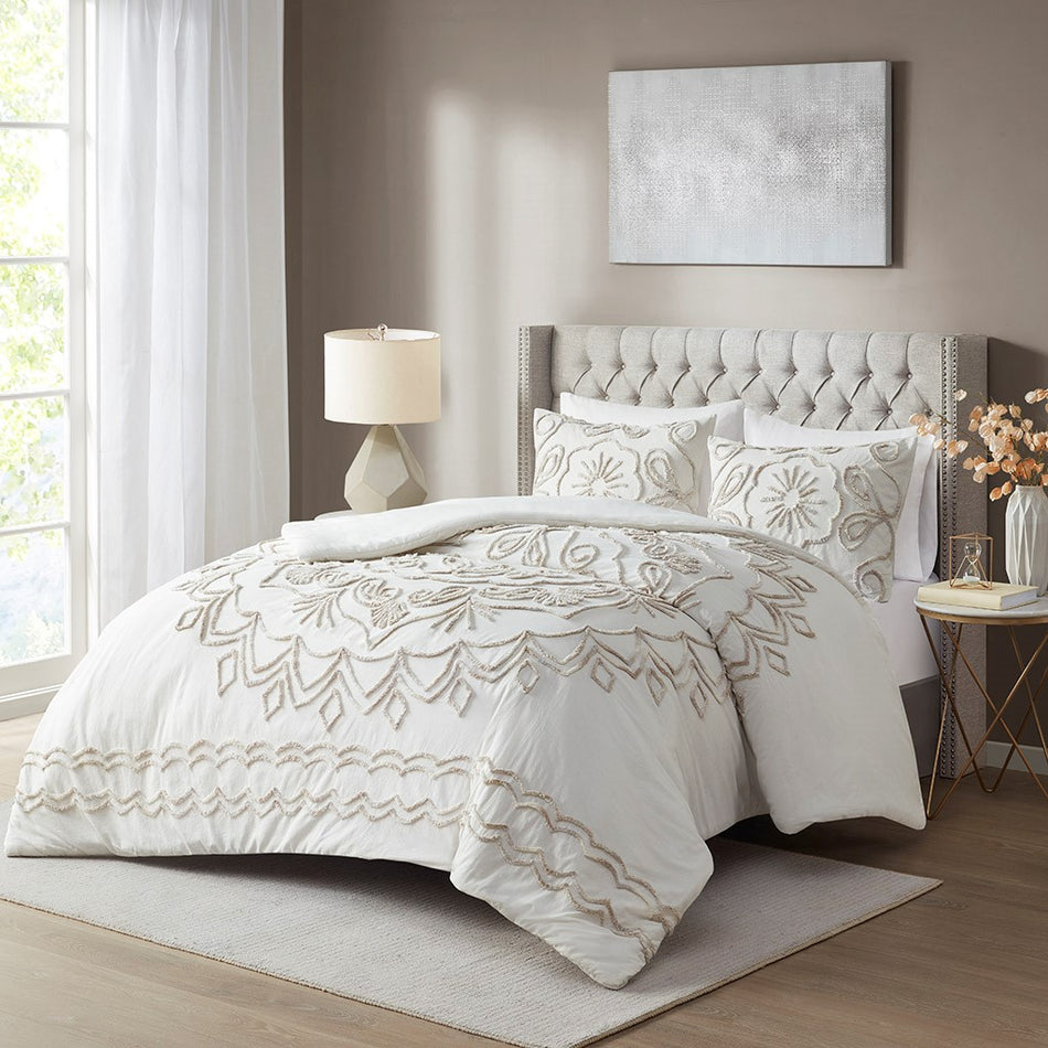 Violette 3 Piece Tufted Cotton Chenille Duvet Cover Set - Ivory / Taupe - Full Size / Queen Size