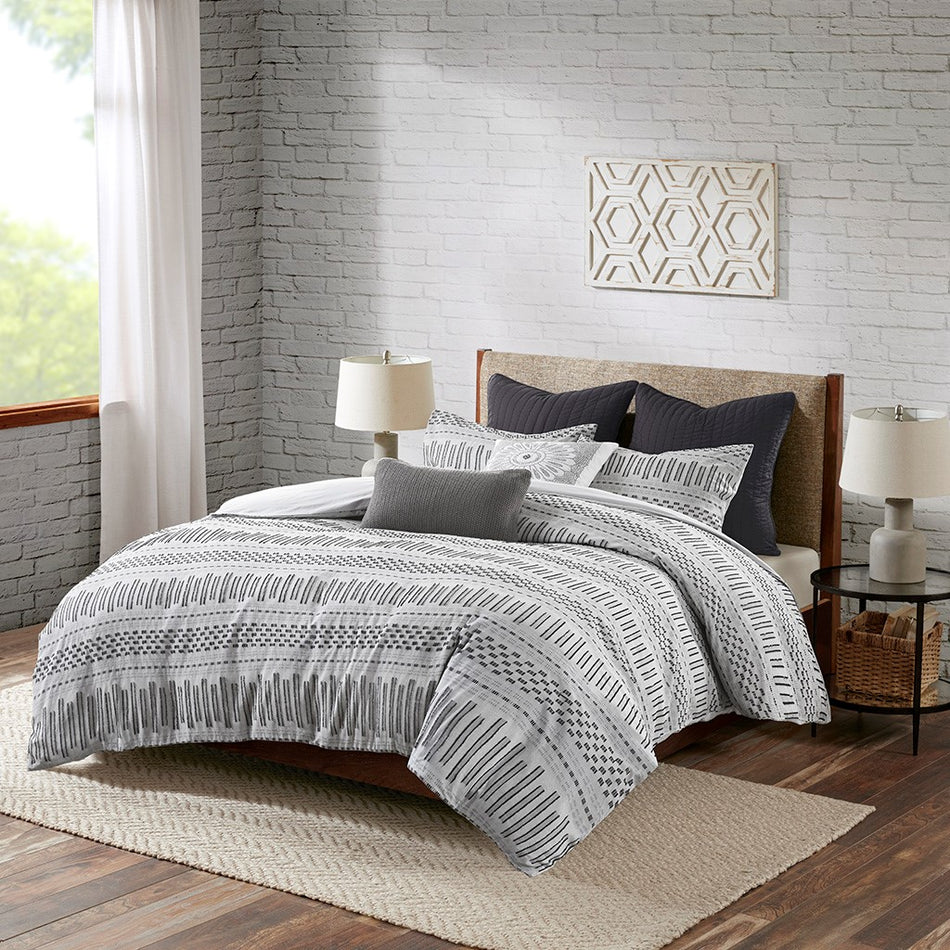 INK+IVY Rhea Cotton Jacquard Duvet Cover Mini Set - Grey / Black - King Size / Cal King Size