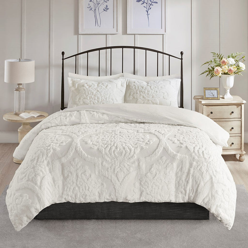 Viola 3 Piece Tufted Cotton Chenille Damask Duvet Cover Set - Off White - King Size / Cal King Size