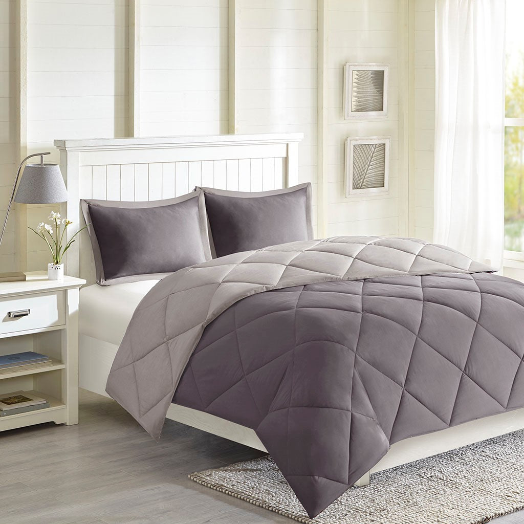 Madison Park Essentials Larkspur 3M Scotchgard Diamond Quilting Reversible Down Alternative Comforter Set - Charcoal / Grey - King Size