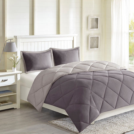 Madison Park Essentials Larkspur 3M Scotchgard Diamond Quilting Reversible Down Alternative Comforter Set - Charcoal / Grey - Full Size / Queen Size