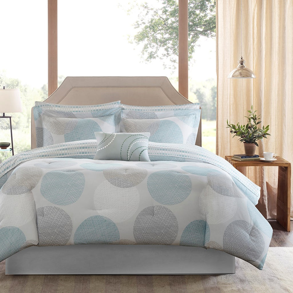 Knowles 9 Piece Comforter Set with Cotton Bed Sheets - Aqua - Queen Size