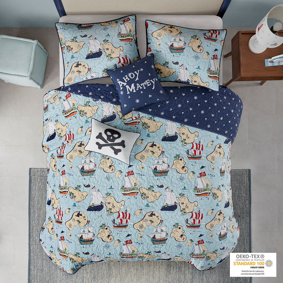 Urban Habitat Kids Pirate Adventure Cotton Reversible Coverlet Set - Blue - Twin Size