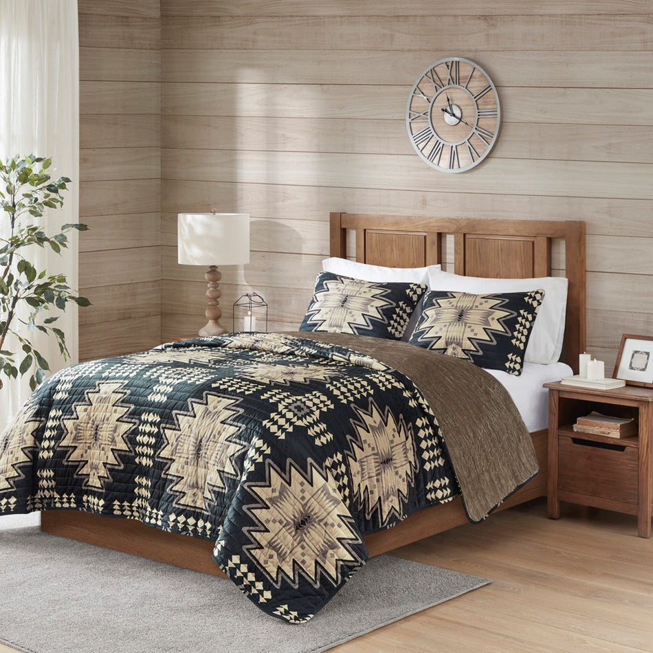 Sierra Oversized Print Plush Coverlet Set - Tan / Black - King Size / Cal King Size