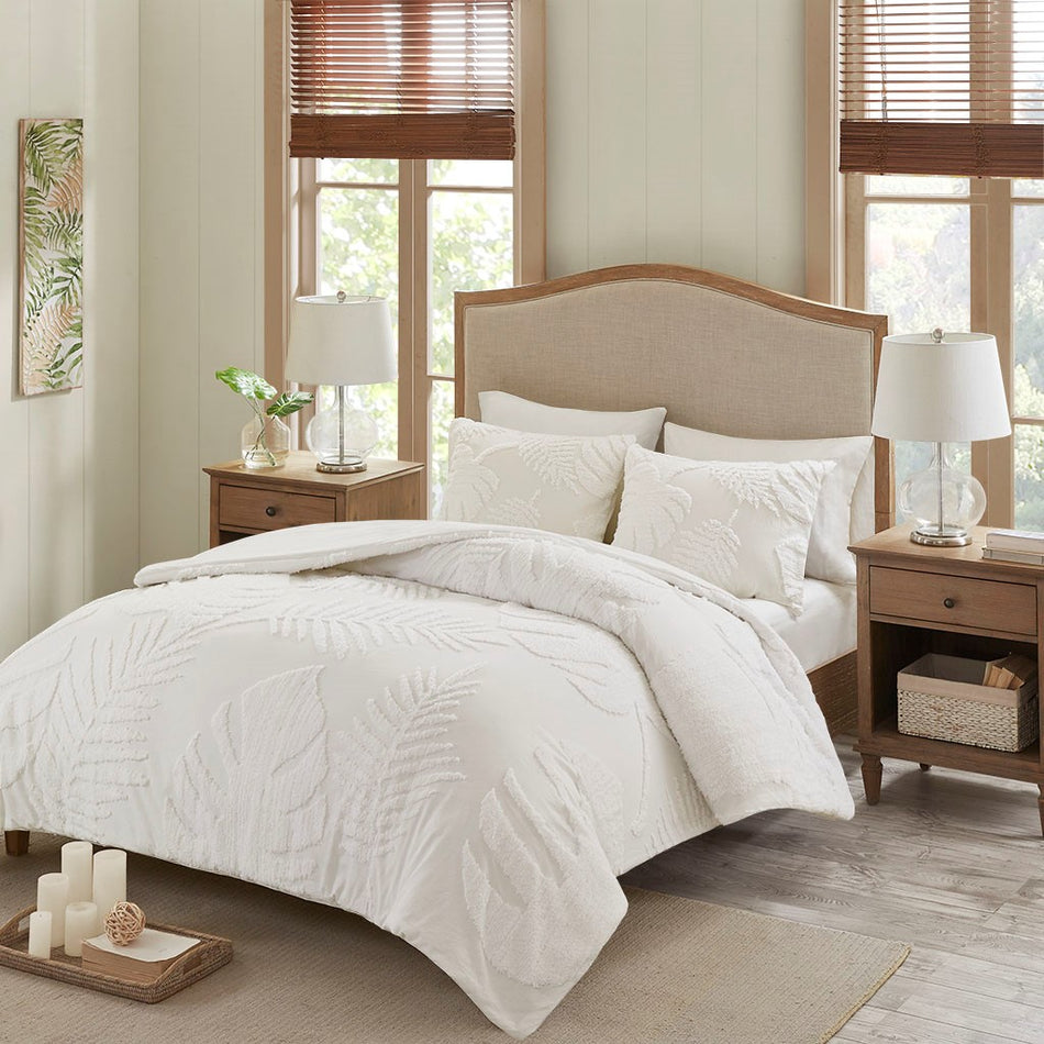 Bahari 3 Piece Tufted Cotton Chenille Palm Duvet Cover Set - Off White - Full Size / Queen Size