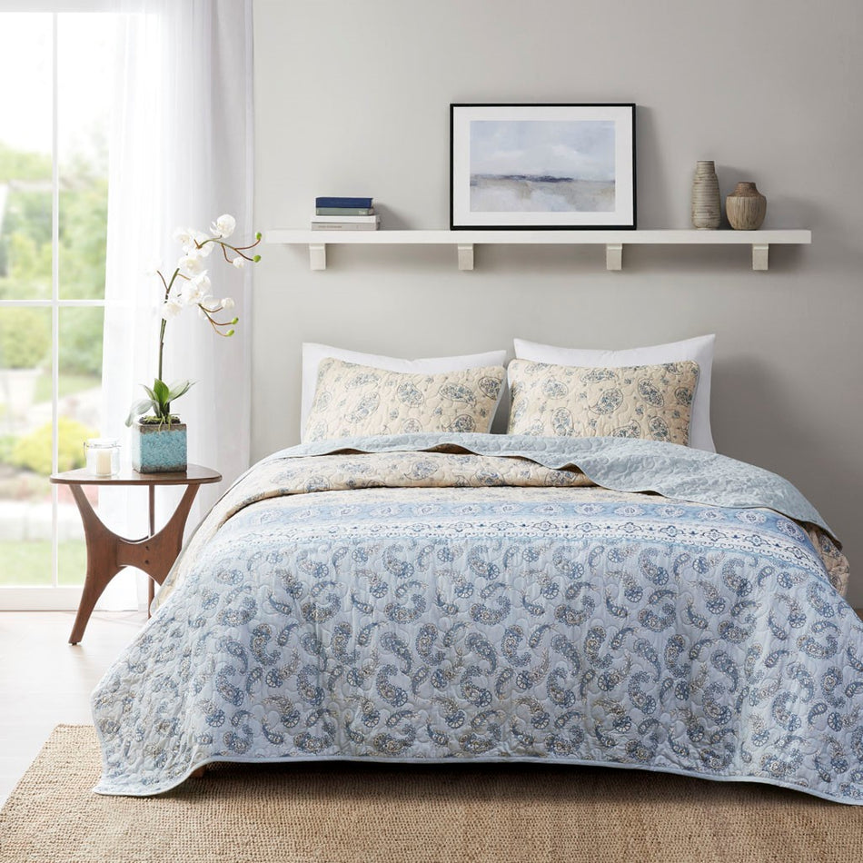 April 3 Piece Reversible Cotton Coverlet Set - Blue / Taupe - King Size / Cal King Size