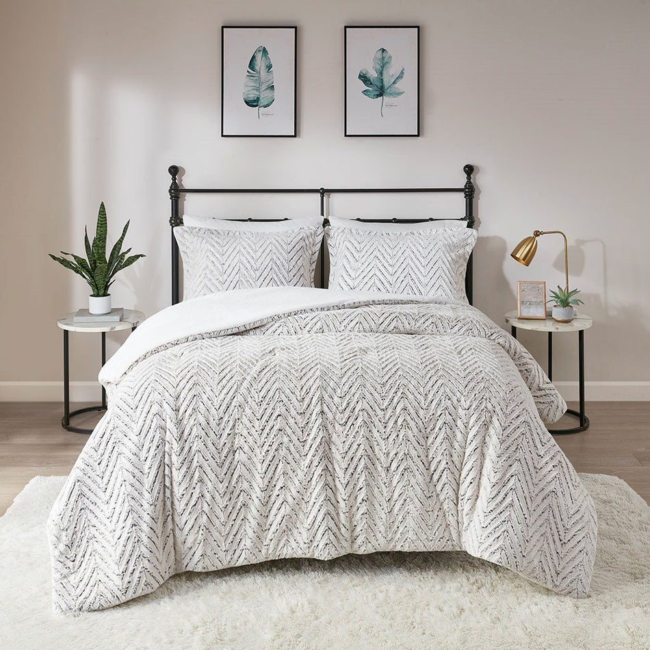 Adelyn Back Print Brushed Fur Duvet Cover Set - Ivory - Full Size / Queen Size