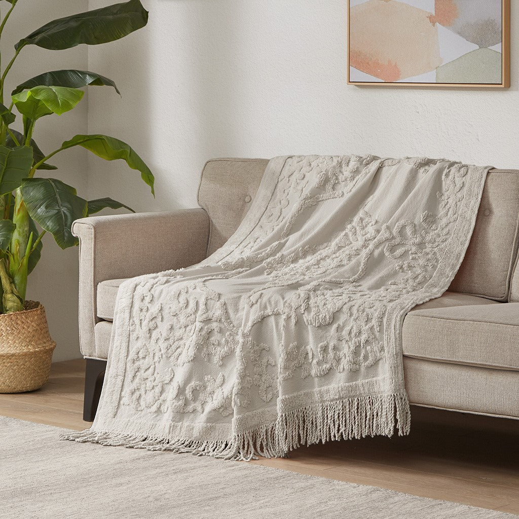 Madison Park Chloe 100% Cotton Tufted Chenille Lightweight Throw With Fringe Tassel 50" x 60" - Grey - 50x60"