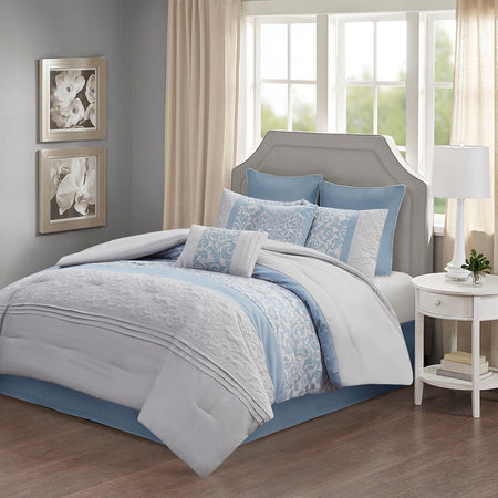 510 Design Ramsey Embroidered 8 Piece Comforter Set - Blue - Queen Size