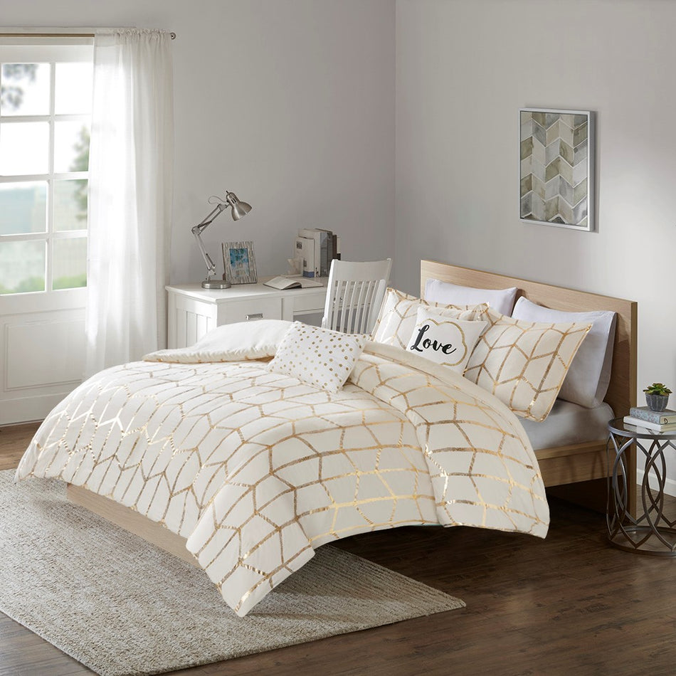 Intelligent Design Raina Metallic Printed Duvet Cover Set - Ivory / Gold - Full Size / Queen Size