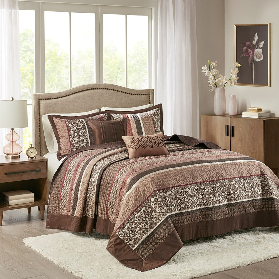 Madison Park Princeton 5 Piece Reversible Jacquard Bedspread Set - Red - King Size