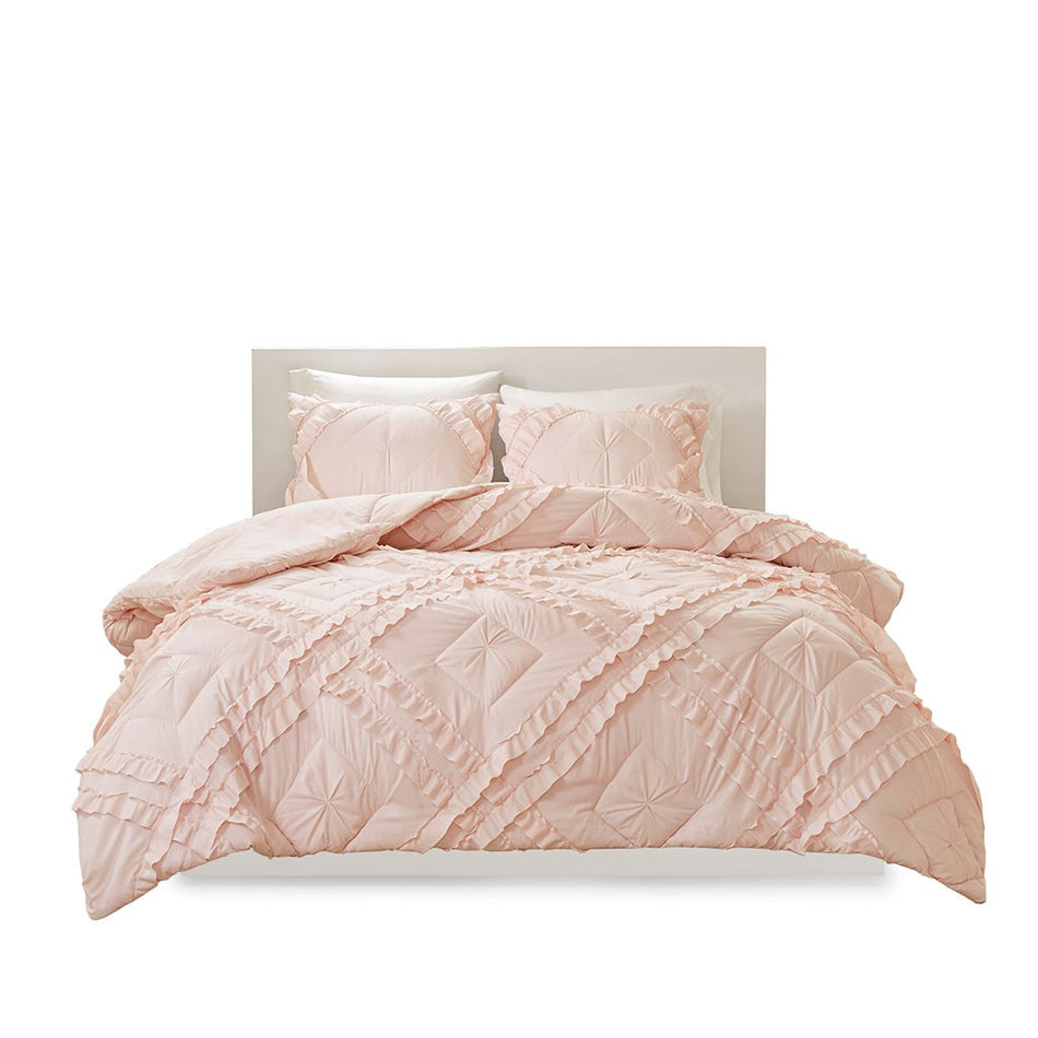 Kacie Solid Quilt Set With Tufted Diamond Ruffles - Blush - Full Size / Queen Size