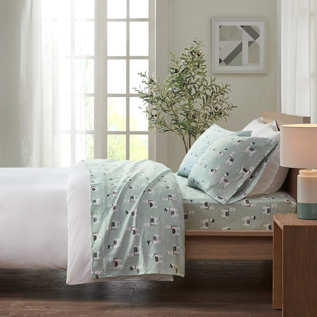 True North by Sleep Philosophy Cozy Cotton Flannel Printed Sheet Set - Seafoam Llama - Twin XL Size