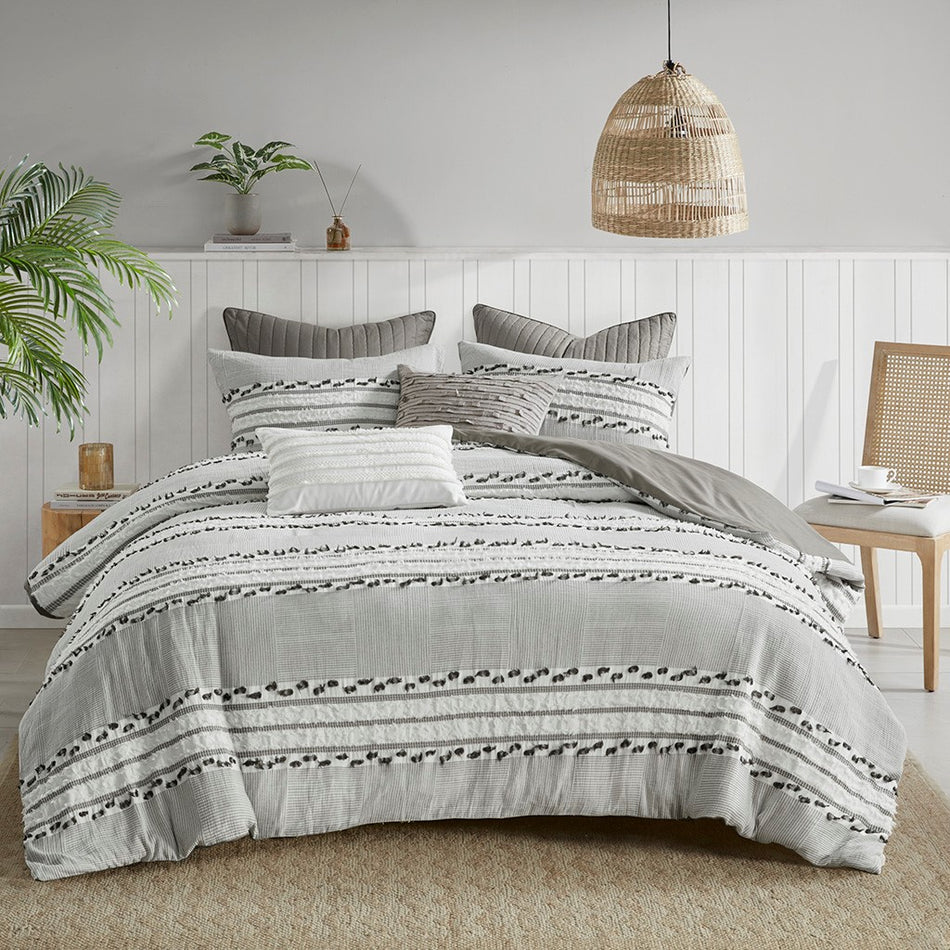 Lennon 3 Piece Organic Cotton Jacquard Comforter Set - Charcoal - Full Size / Queen Size