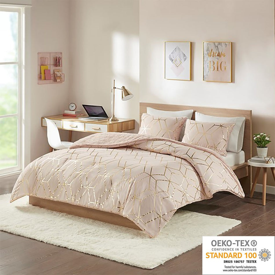 Intelligent Design Ainsley Metallic Print Reversible Comforter Set - Blush - King Size