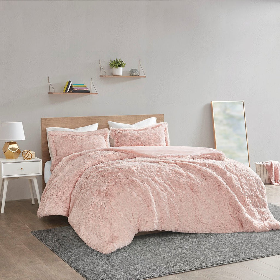 Intelligent Design Malea Shaggy Fur Duvet Cover Set - Blush - Full Size / Queen Size