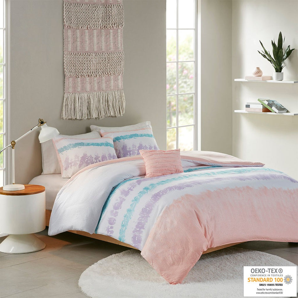 Intelligent Design Loriann Tie Dye Printed Seersucker Duvet Cover Set - Pink / Purple - Twin Size / Twin XL Size