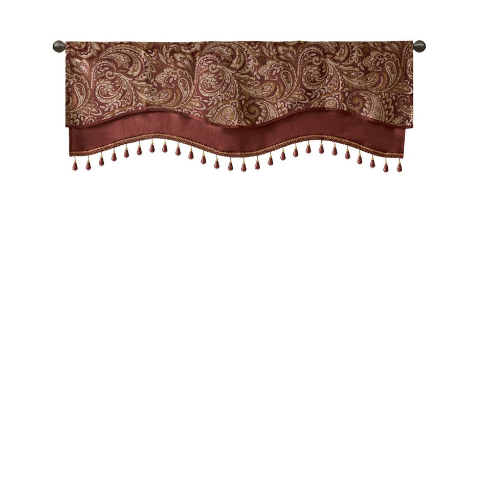 Aubrey Jacquard Window Rod Pocket Valance With Beads - Burgundy - 50x18"