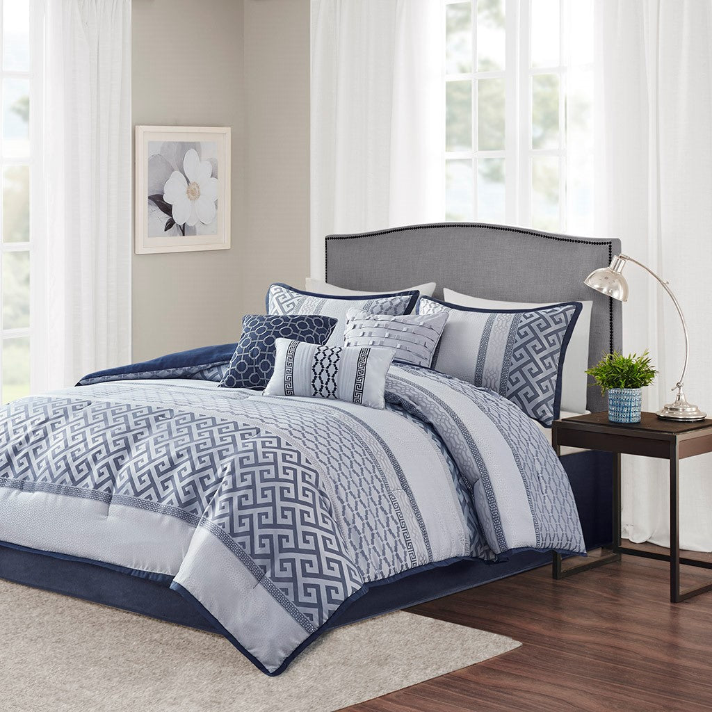 Madison Park Bennett 7 Piece Jacquard Comforter Set - Navy - Queen Size