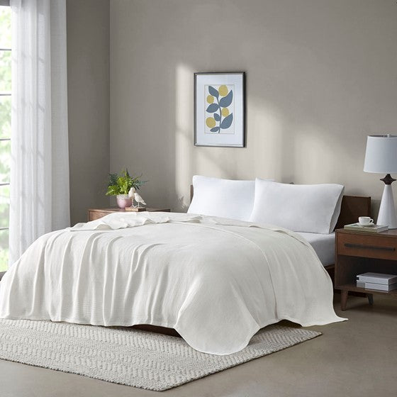 Madison Park Freshspun Basketweave Cotton Blanket - Cream - Twin Size