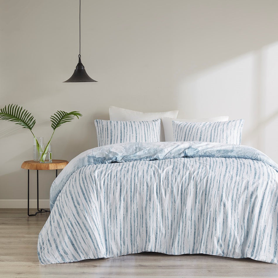 Brush Stroke 3 Piece Oversized Reversible Seersucker Duvet Cover Mini Set - Blue - King Size