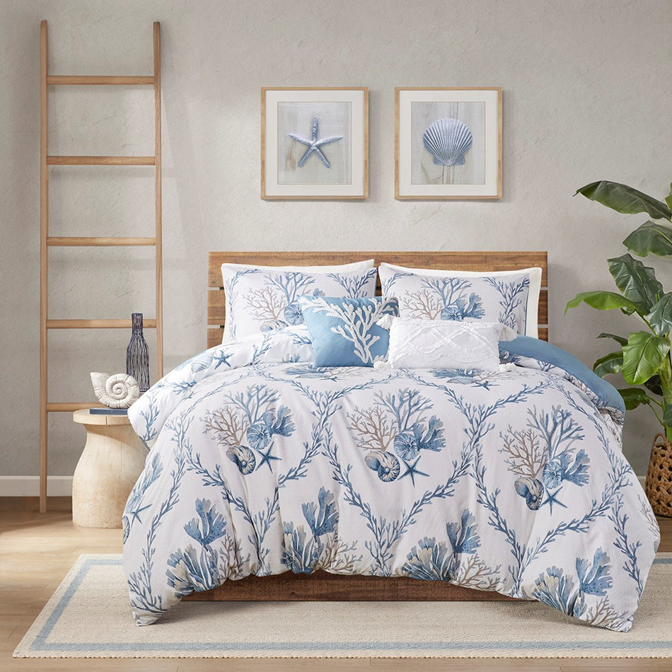 Harbor House Pismo Beach 5 Piece Cotton Duvet Cover Set with Throw Pillows - Blue / White  - Full Size / Queen Size Shop Online & Save - expresshomedirectr.com