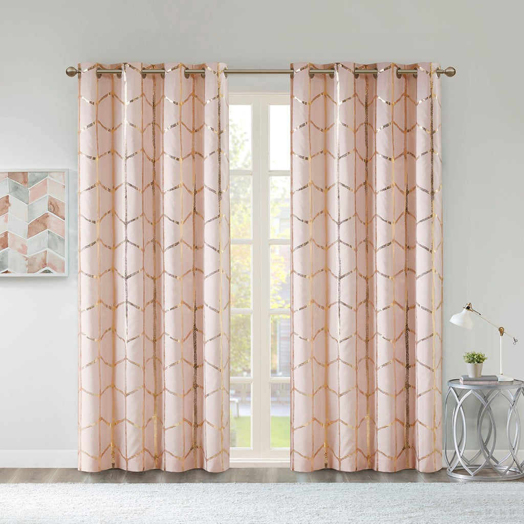 Intelligent Design Raina Total Blackout Metallic Print Grommet Top Curtain Panel - Blush / Gold - 50x63"