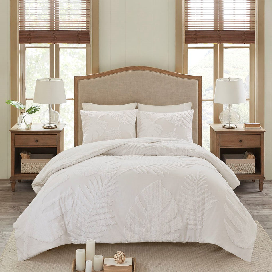 Bahari 3 Piece Tufted Cotton Chenille Palm Duvet Cover Set - Off White - Full Size / Queen Size