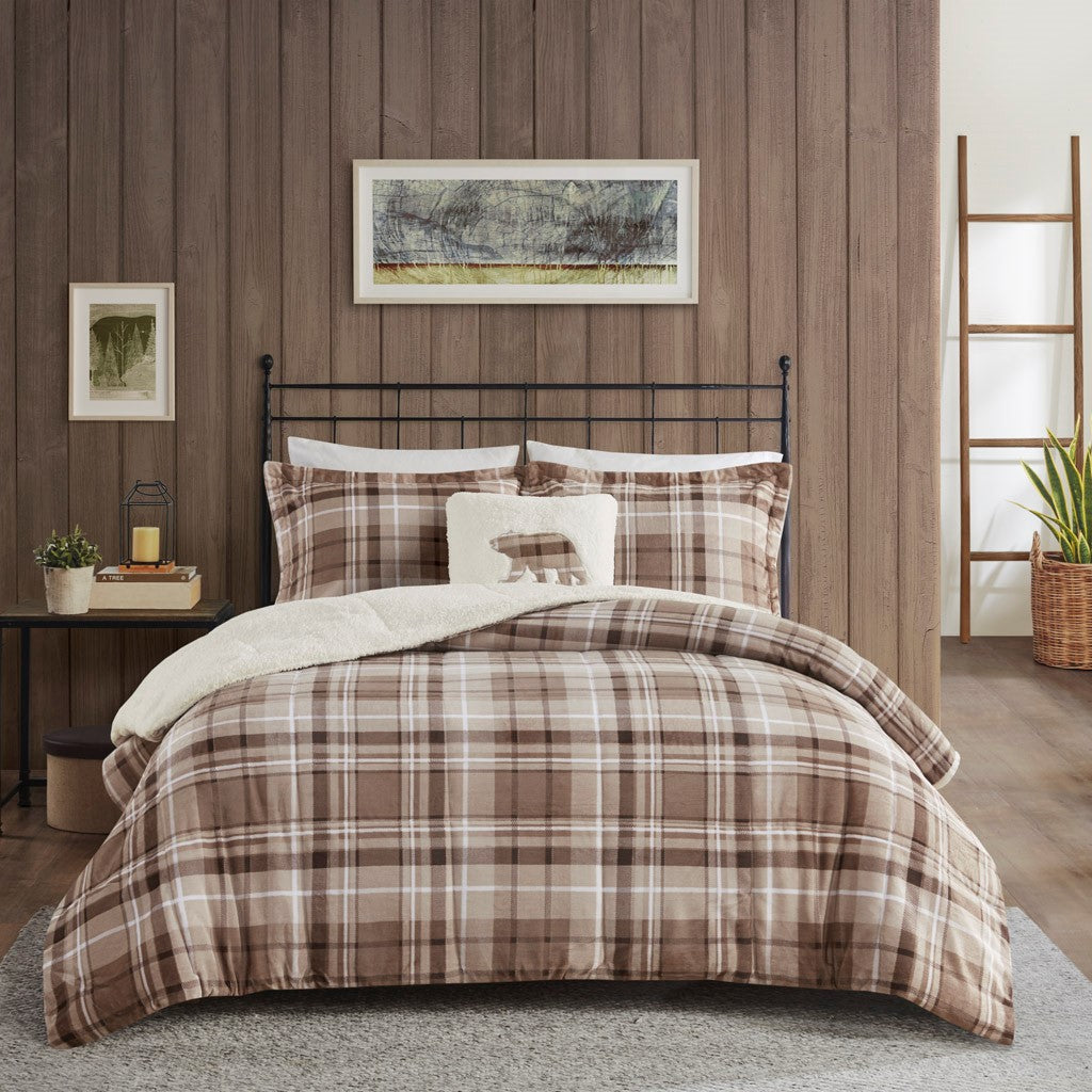 Woolrich Alton Plush to Sherpa Down Alternative Comforter Set - Tan Plaid  - King Size Shop Online & Save - expresshomedirectr.com