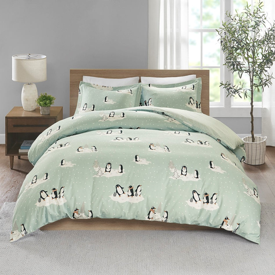 Cozy Flannel 100% Cotton Flannel Printed Duvet Set - Aqua Penguins - Twin Size / Twin XL Size