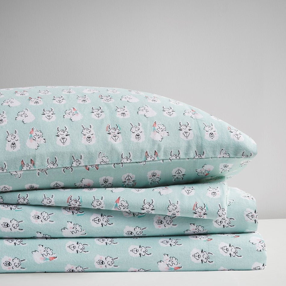 Cozy Soft Cotton Flannel Printed Sheet Set - Aqua Llama Face - Queen Size