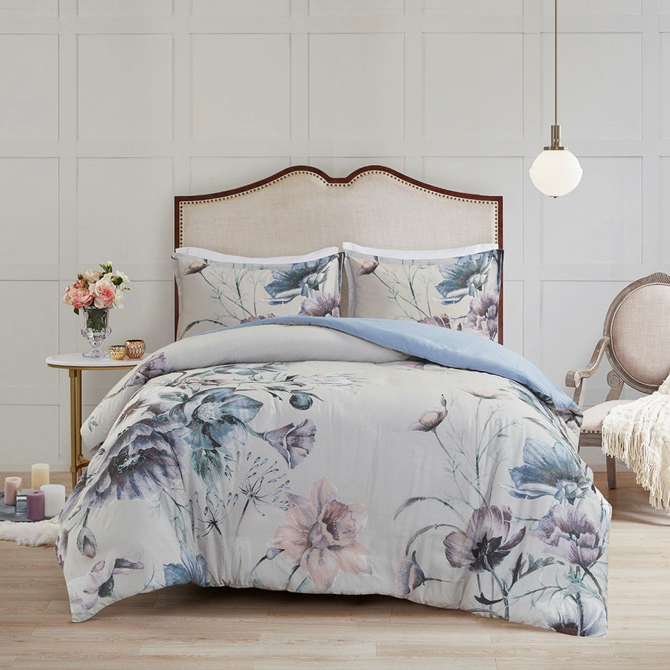 Cassandra 3 Piece Cotton Printed Duvet Cover Set - Blue - Full Size / Queen Size