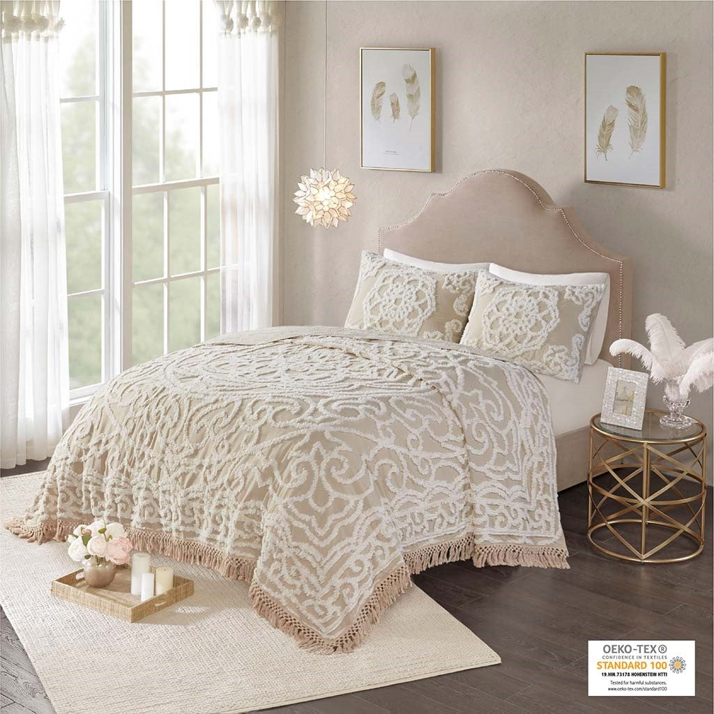 Madison Park Laetitia Tufted Cotton Chenille Medallion Fringe Coverlet Mini Set - Taupe - King Size / Cal King Size