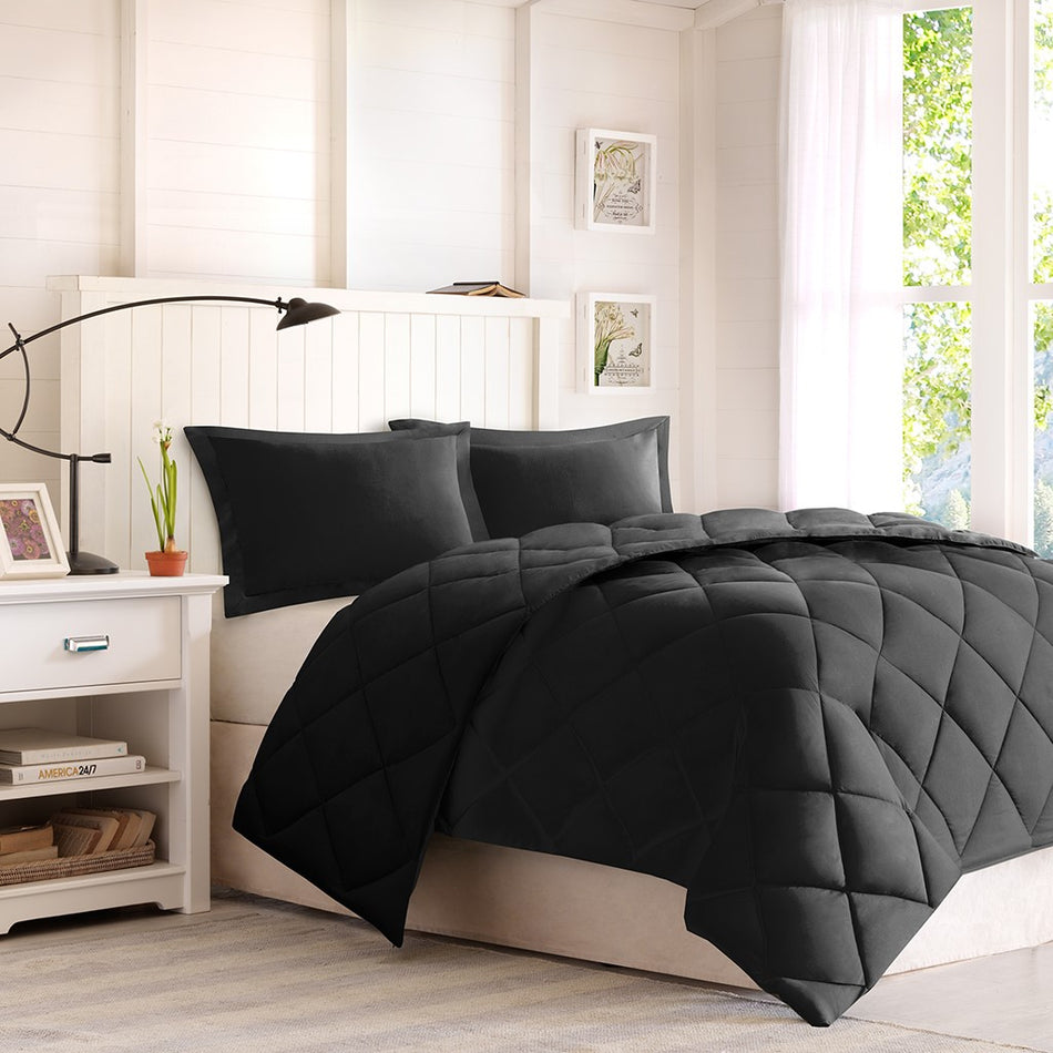 Larkspur 3M Scotchgard Diamond Quilting Reversible Down Alternative Comforter Set - Black / Black - Full Size / Queen Size