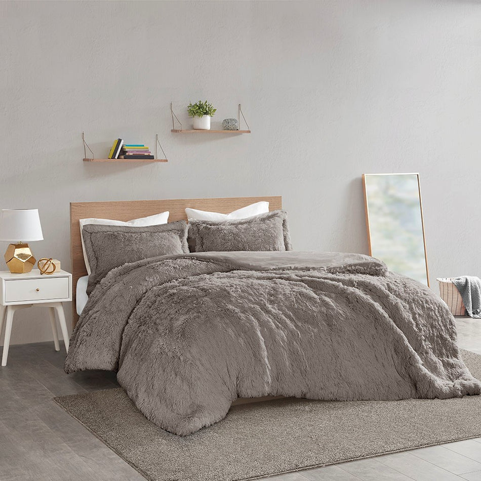 Intelligent Design Malea Shaggy Fur Duvet Cover Set - Grey - Full Size / Queen Size